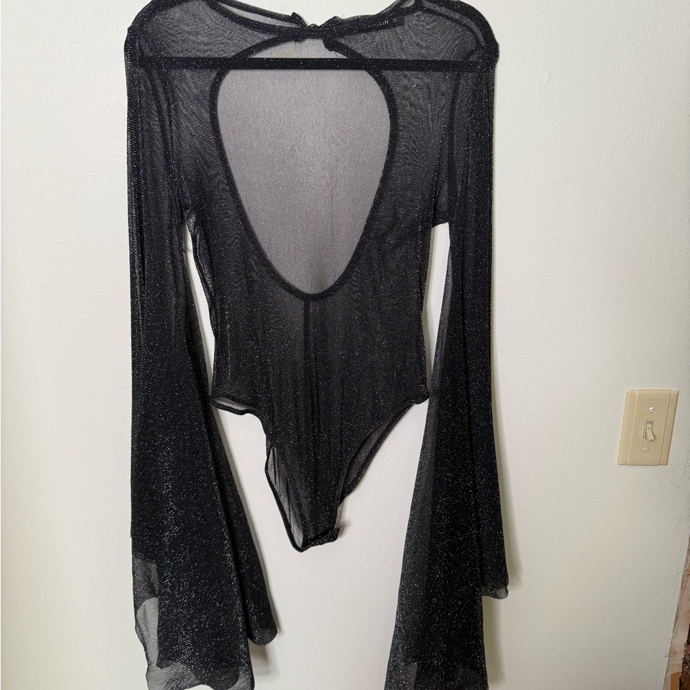 Black Sheer Bell Sleeve Bodysuit with Glitter
